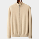 Cardigan de lã merino extra-fina com fecho de correr e detalhes em rib