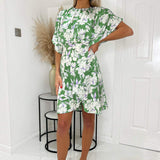 Mini Robe Verde com Estampa Floral e Mangas Estilo Bata