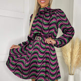 Vestido Skater de Manga Longa com Gola Alta, Estampa Multicolorida e Cinto