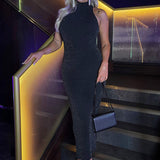 Robe Midi Noire Bodycon à Paillettes avec Décolleté Halter