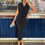 Robe Midi com Saia Drapeada e Top Brilhante