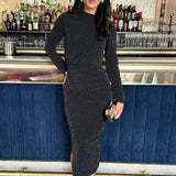 Vestido Midi Preto Bodycon de Mangas Longas com Detalhes Brilhantes