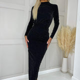 Vestido Midi Preto Bodycon de Mangas Longas com Detalhes Brilhantes
