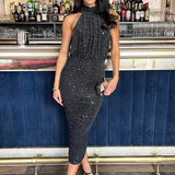 Robe Midi Halter com Brilho Metálico em Vários Tons de Preto