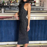 Robe Midi Halter com Brilho Metálico em Vários Tons de Preto