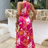 Vestido Midi com Decote Halter e Cintura Amarrada, Estampado em Tons de Rosa e Pêssego, com Barra Assimétrica