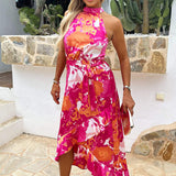 Vestido Midi com Decote Halter e Cintura Amarrada, Estampado em Tons de Rosa e Pêssego, com Barra Assimétrica