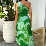 Robe Midi Plissée à Découpe Unique sur Une Épaule avec Imprimé Tie-Dye Vert