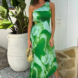 Robe Midi Plissée à Découpe Unique sur Une Épaule avec Imprimé Tie-Dye Vert