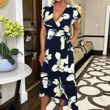 Robe midi à fleurs avec manches courtes et ceinture, bleu marine