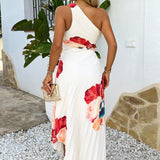 Robe Midi Plissée à Imprimé Floral Éclatant, À Une Épaule