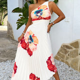 Robe Midi Plissée à Imprimé Floral Éclatant, À Une Épaule