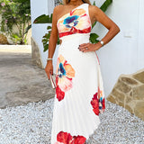 Robe Midi Plissée à Imprimé Floral Éclatant, À Une Épaule