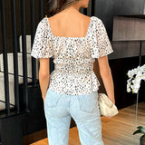 Blusa de Manga Borboleta com Estampa Creme e Preta e Cintura Elástica