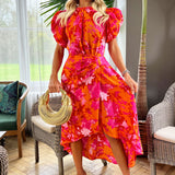 Vestido Midi com Mangas Puff Curtas, Estampado com Flores em Tons de Rosa e Laranja