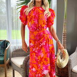 Vestido Midi com Mangas Puff Curtas, Estampado com Flores em Tons de Rosa e Laranja