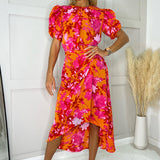 Vestido Midi com Mangas Puff Curtas, Estampado com Flores em Tons de Rosa e Laranja