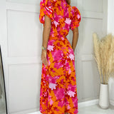 Vestido Midi com Mangas Puff Curtas, Estampado com Flores em Tons de Rosa e Laranja
