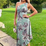 Robe Midi Plissée Imprimée à Une Épaule avec Motif Oeuf de Canard