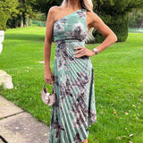 Robe Midi Plissée Imprimée à Une Épaule avec Motif Oeuf de Canard
