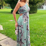 Robe Midi Plissée Imprimée à Une Épaule avec Motif Oeuf de Canard