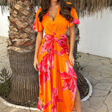 Robe Midi Laranja e Rosa com Estampa Floral, Decote em V e Detalhe de Nó