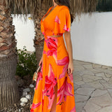 Robe Midi Laranja e Rosa com Estampa Floral, Decote em V e Detalhe de Nó