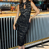 Robe Midi de Renda Preta com Decote Sofisticado