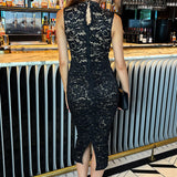 Robe Midi de Renda Preta com Decote Sofisticado