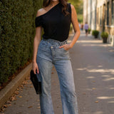 Jeans Cinza Assimétricos com Cintura