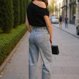 Jeans Cinza Assimétricos com Cintura