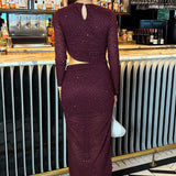 Robe Midi Ameixa em Jacquard com Mangas Longas e Apliques de Diamantes