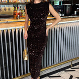 Robe Midi en Velours Chocolat Éclatant avec Paillettes et Col Ronde