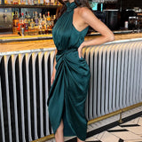 Teal Midi Dress with Halter Neckline and Pleated Skirt