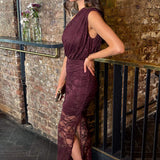 Robe Midi Ameixa com Renda e Decote Ombros à Mostra