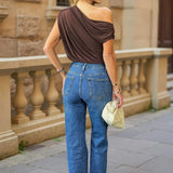 Jeans Azuis de Cintura Alta com Abertura Lateral e Corte Reto