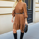 Rochie Mini Beje din Suede Sintetic cu Mangă 3/4 și Volane