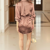 Mini Robe de Cetim Chocolate com Mangas Laçadas