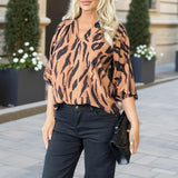 Blusa de Padrão Multi Tiger com Decote em V e Mangas 3/4