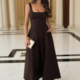 Vestido Midi A-line com Decote Quadrado em Tom Chocolate