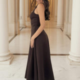 Vestido Midi A-line com Decote Quadrado em Tom Chocolate