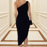Robe Midi Noire à Détails Strassés et Épaules Drapées
