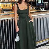 Vestido Midi A-line com Gola Quadrada em Cores Florestais