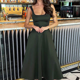 Vestido Midi A-line com Gola Quadrada em Cores Florestais