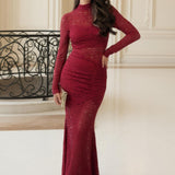 Rochie Midi Fishtail cu Detalii din Dantelă Roșie și Mâneci Lungi