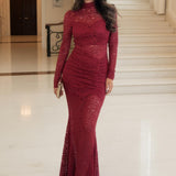 Rochie Midi Fishtail cu Detalii din Dantelă Roșie și Mâneci Lungi