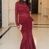 Rochie Midi Fishtail cu Detalii din Dantelă Roșie și Mâneci Lungi
