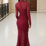 Rochie Midi Fishtail cu Detalii din Dantelă Roșie și Mâneci Lungi