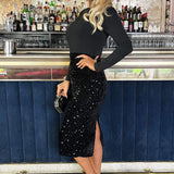 Vestido Midi de Veludo Preto com Lantejoulas 2 em 1 e Mangas Longas