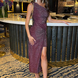 Vestido Midi Drapado com Um Ombro e Brilho Ameixa
